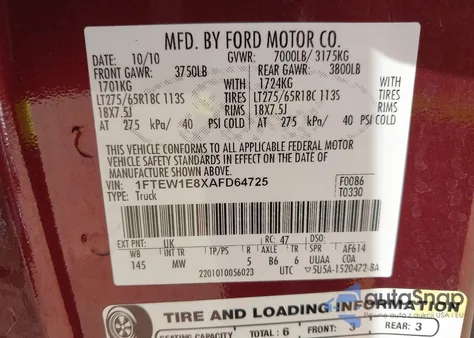 2010 Ford F-150 Xl/Xlt z USA, uszkodzony, nr VIN 1FTEW1E8XAFD64725